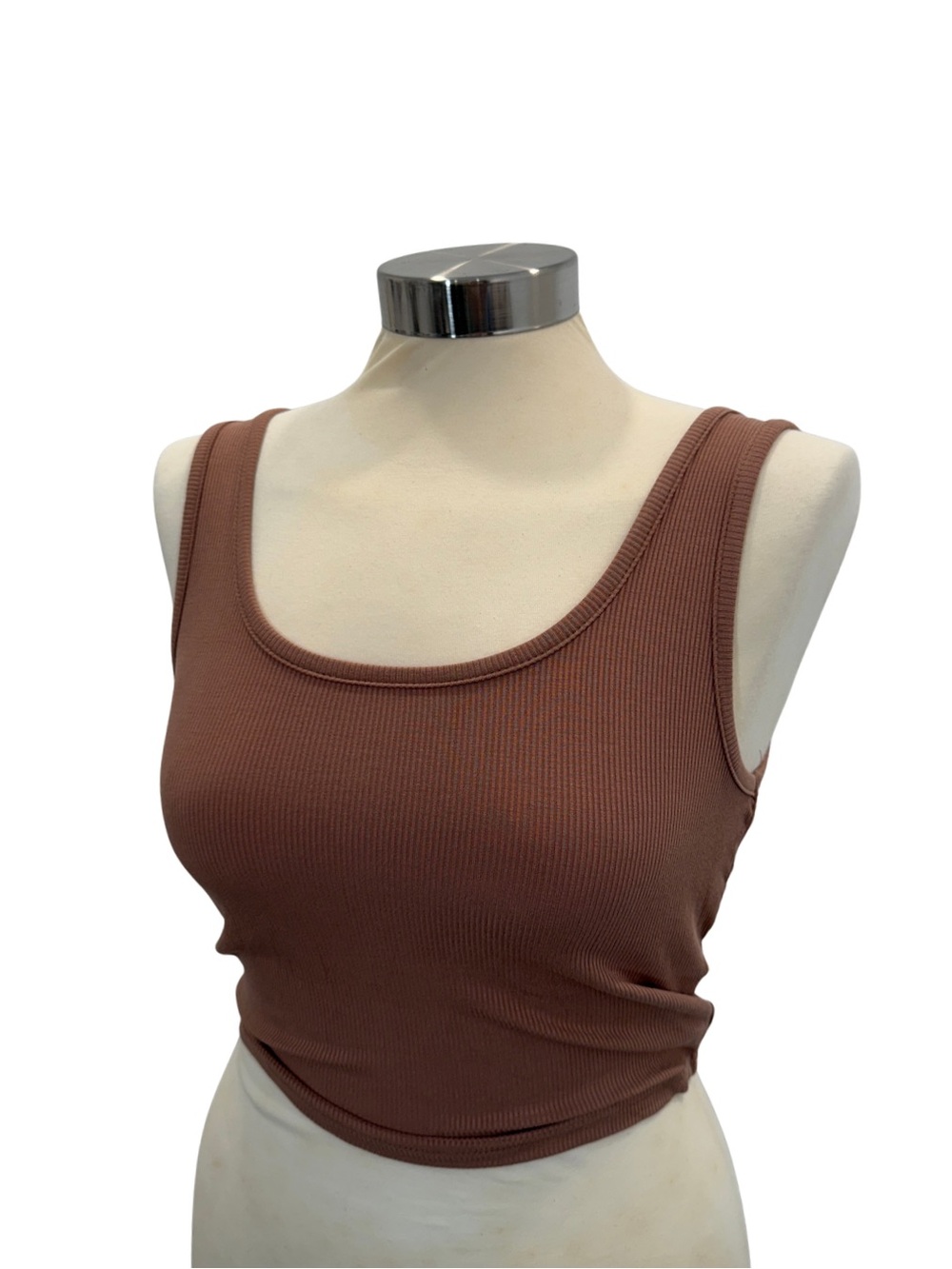 Ribbed Brown Scoop Neck Cropped Tank